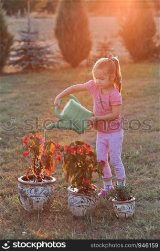 Little girl helping to water the flowers growing in flower pot, pouring water from green watering can, working in backyard at sunset. Candid people, real moments, authentic situations