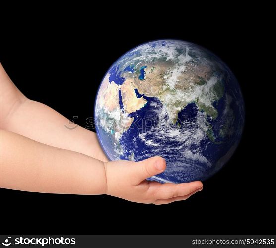Little girl hold globe on black