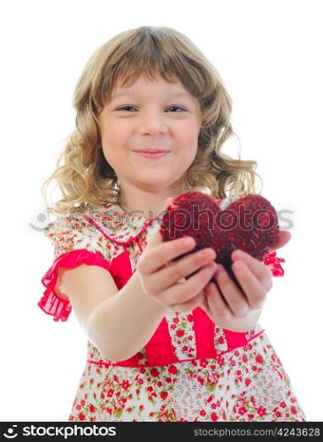 Little girl holding heart. Isolated on white background