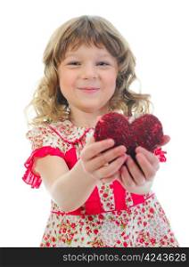 Little girl holding heart. Isolated on white background
