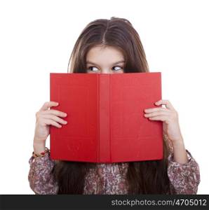 Little girl holding red book, studio on white background