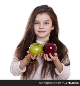 Little girl holding two apples, isolated on white background