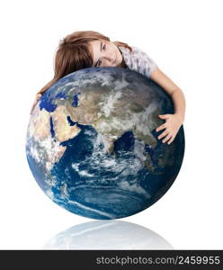 Little girl hugging the planet earth over a white background 