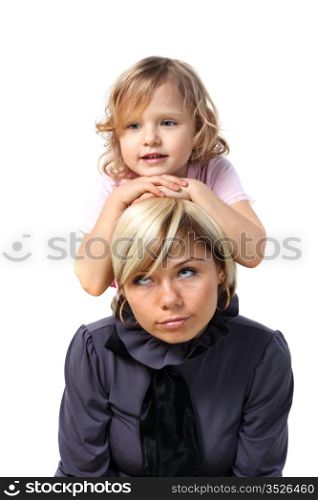 little girl hugs the young mother on the white background