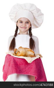 Little girl in a white apron holds on a plate of fried chicken, isolated on white background