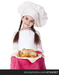 Little girl in a white apron holds on a plate of fried chicken, isolated on white background