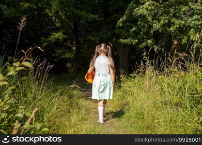 little girl in green dress goes to the forest