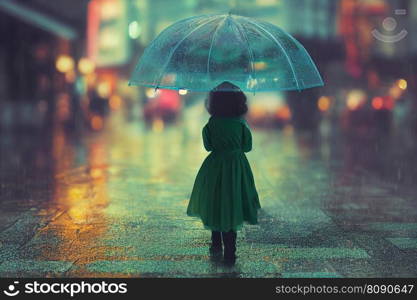 Little girl in green dress under umbrella in rain, night city lights. View from behind, blur bokeh, defocused background. Neural network generated art. Digitally generated image. Copy space. Girl with umbrella under rain, night city lights. Ai generated art