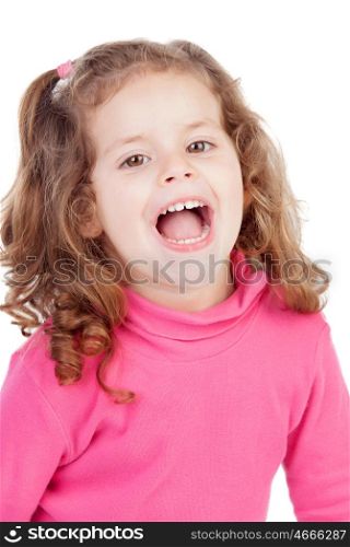 Little girl in pink laughing out loud isolated on a white background