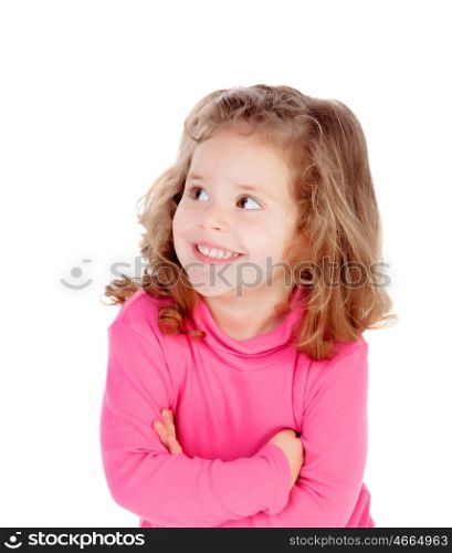 Little girl in pink looking at side isolated on a white background