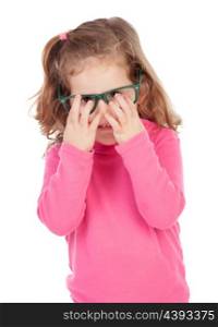 Little girl in pink with glasses isolated on a white background