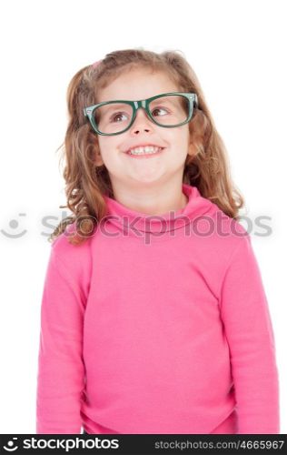 Little girl in pink with glasses looking up isolated on a white background