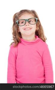 Little girl in pink with glasses looking up isolated on a white background