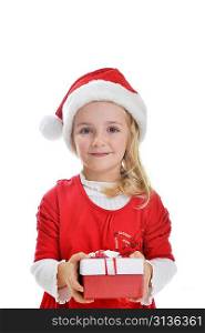 little girl in red santa cap holding christmas present