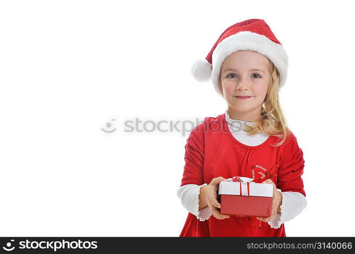 little girl in red santa cap holding christmas present