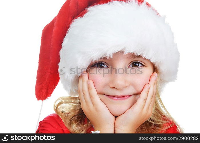 little girl in red santa hat on white background. portrait