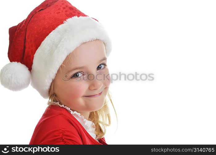 little girl in red santa hat on white background. portrait