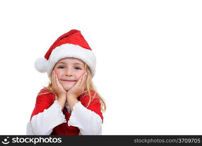 little girl in red santa hat on white background. portrait