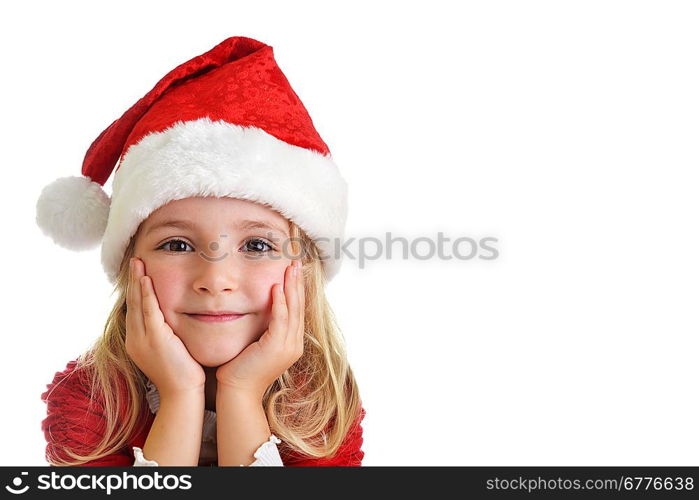 little girl in red santa hat on white background. portrait