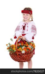 Little girl in the national Ukrainian costume on the white background