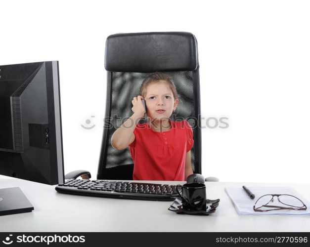 Little girl in the office computer. Isolated on white background