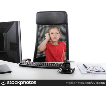 Little girl in the office computer. Isolated on white background