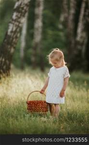 Little girl in white dress with basket enjoying sunny summer day in the forest.. Little girl in white dress with basket enjoying sunny summer day in the forest