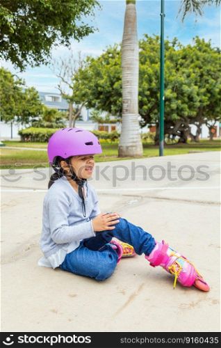 Little girl is sore because she fell while skating in the park