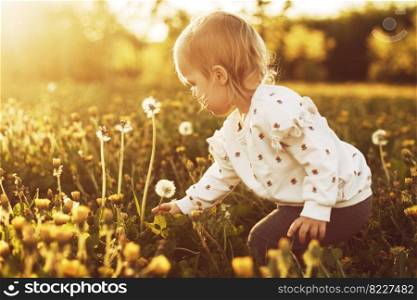 little girl is tearing a dandelion in the field