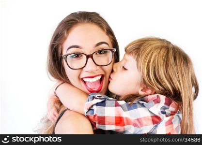little girl kiss and huge her big sister