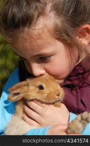 little girl kissing her young brown bunny. focus on the rabbit