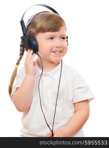 Little girl listen music by ear-phones