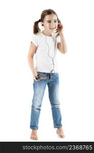 Little girl listen music with a MP3 player, isolated on white