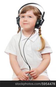 little girl listens music in ear-phones