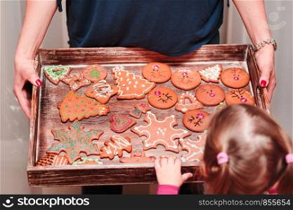 Little girl looking at tray filled with baked Christmas gingerbread cookies in many shapes