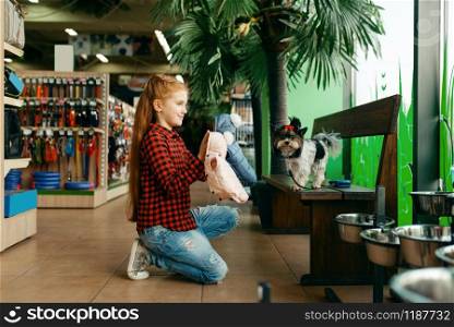 Little girl looking clothes for her dog in pet store. Child buying equipment in petshop, accessories for domestic animals. Little girl looking clothes for dog in pet store