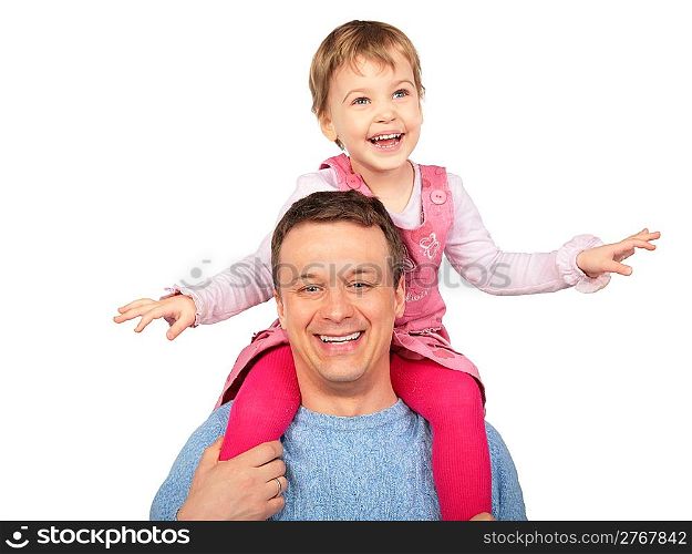 little girl on father`s shoulders