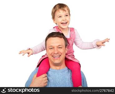 little girl on father`s shoulders