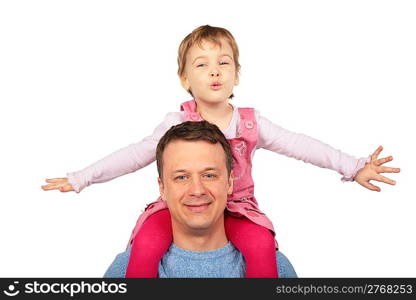 little girl on father`s shoulders, fly u-u-u-u