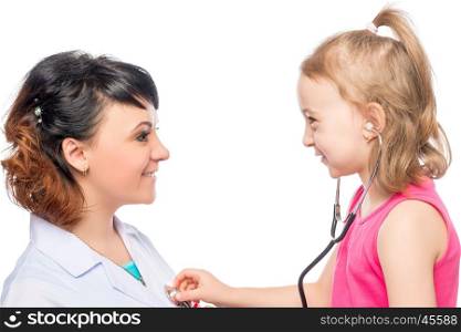 little girl on reception at the doctor pediatrician with stethoscope isolated