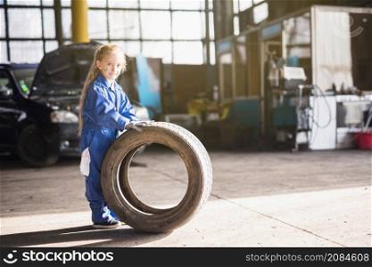 little girl overall standing with car wheel