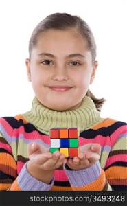 Little girl playing with a colorfull cube isolated over white