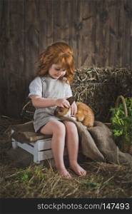 Little girl playing with a red rabbit.. The child stroked the rabbit on his lap 6038.