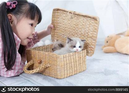 little girl playing with cat at home, friend ship concept.
