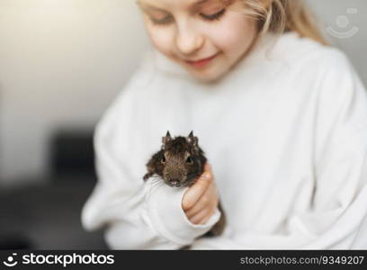 Little girl playing with cute chilean degu squirrel.  Cute pet sitting on kid’s hand