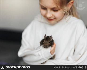 Little girl playing with cute chilean degu squirrel.  Cute pet sitting on kid’s hand