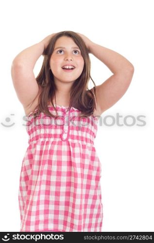 little girl portrait with surprised expression in a pink top (isolated on white background)