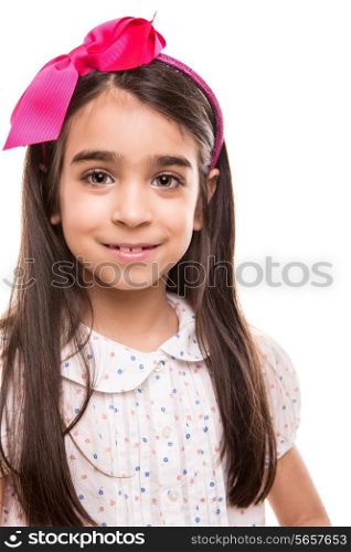 Little girl posing in summer clothes over white