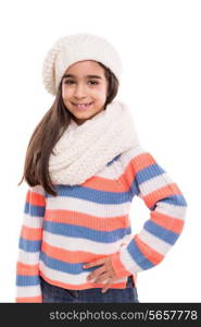 Little girl posing in winter clothes over white