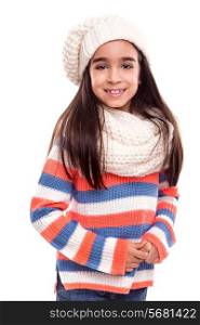 Little girl posing in winter clothes over white